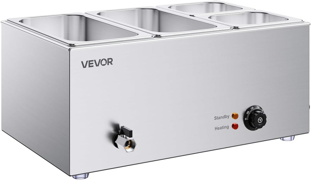 VEVOR 4-Pan Commercial Food Warmer, 24QT Electric Steam Table, 1200W Professional Countertop Stainless Steel Buffet Bain Marie with 86-185°F Temp Control for Catering and Restaurants, Silver