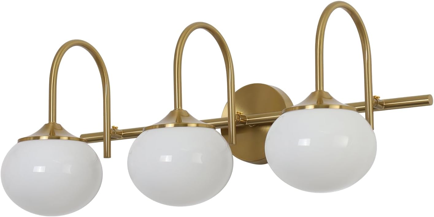 BOKT Modern Vanity Light Fixtures Mid Century 3-Light Bathroom Vanity Lights Fixtures Over Mirror with Milk White Glass Globe Shade Gold Wall Sconce for Living Room Dressing Table