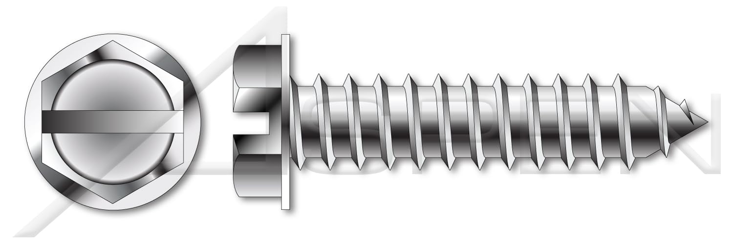 (1000 pcs) #10 X 2, Self-Tapping Sheet Metal Screws, Type AB, Hex Slotted Indented Washer Head, Stainless Steel