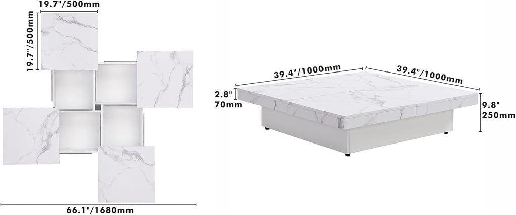 Merax Coffee Table, Modern Extendable Coffee Table with 4 Hidden Storage Compartments, UV High-Gloss Square Center Cocktail Table with Sliding Tabletop for Living Room, 39.4'x 39.4' (White)
