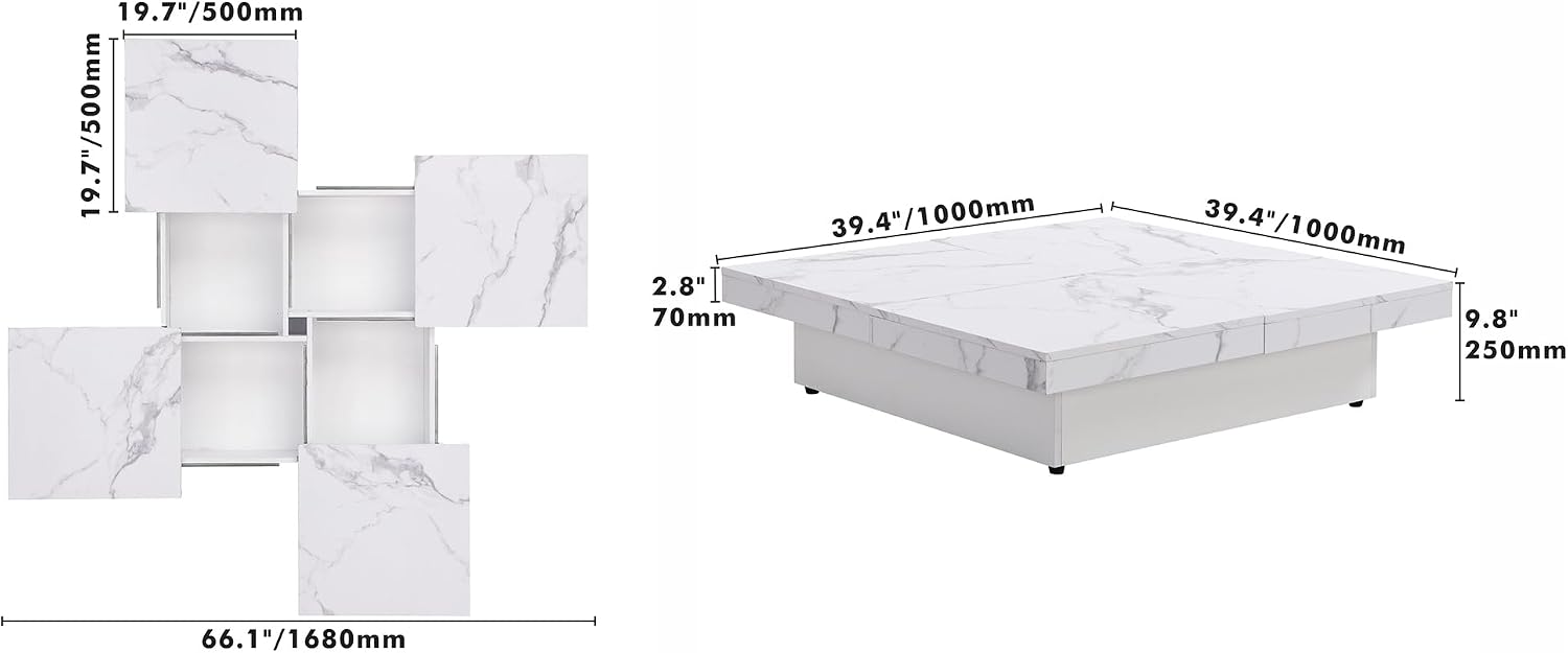 Merax Coffee Table, Modern Extendable Coffee Table with 4 Hidden Storage Compartments, UV High-Gloss Square Center Cocktail Table with Sliding Tabletop for Living Room, 39.4'x 39.4' (White)