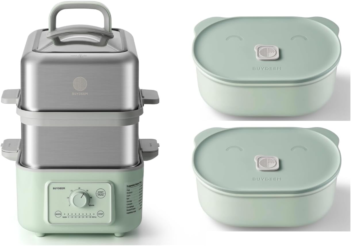 BUYDEEM G52 10.6 Quart Electric Food Steamer Bundle with Two Ceramic Food Storage Container Cozy Greenish 17 oz