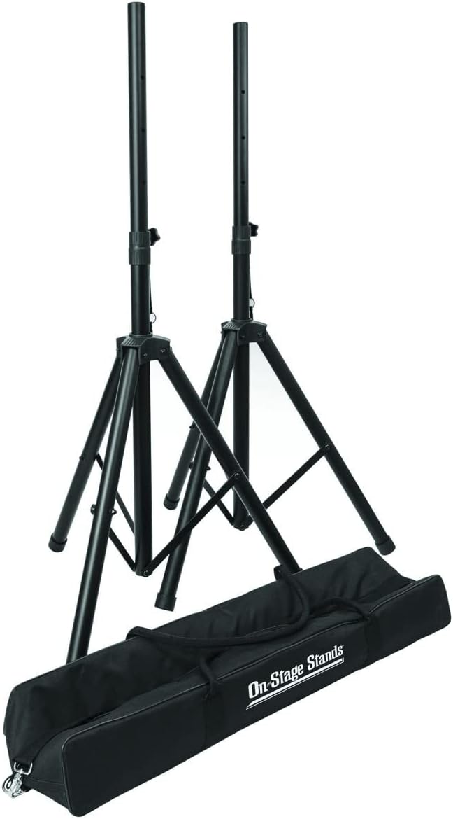 On-Stage SSP7750 Compact Speaker Stand Pack (Pair, Folding, Portable, Tripod Base, Loudspeaker Setup, Carrying Bag, Adjustable Height, Nonslip Rubber Feet, 1 3/8″ or 1 1/2″ Pole, Aluminum, Black)