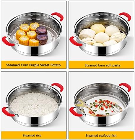 3-Tier Stainless Steel Electric Food Steamer with Glass Lid & Silicone Handle - Multi-Function Cooking Appliance for Healthy Food Preparation & Warmer, Red