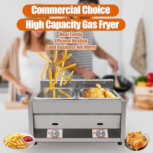 Commercial Twin-Basket Gas Fryer - Stainless Steel LPG Deep Fryer for Restaurants - Perfect for Fries, Donuts, and Fish - High Capacity Double Frying System