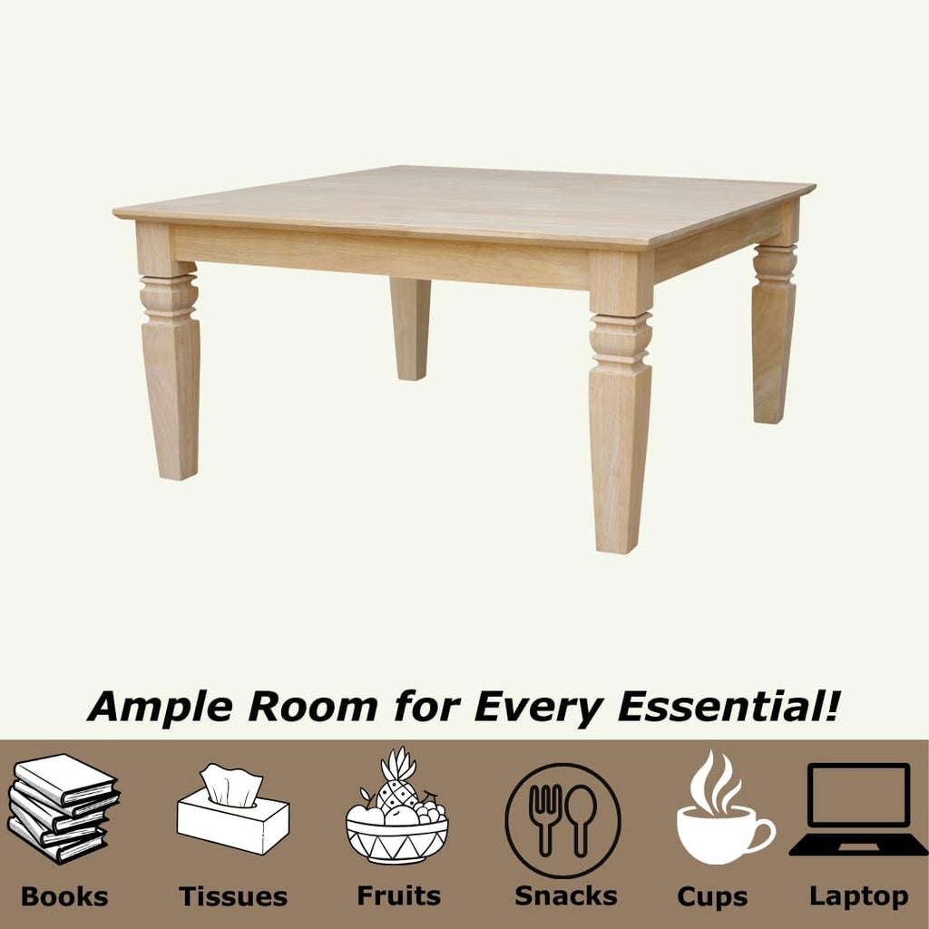 International Concepts, 18'H Java Square Coffee Table, Farmhouse, Living Room Furniture, Sturdy Solid Parawood, Paint or Stain in Any Color, Easy Assembly, Unfinished