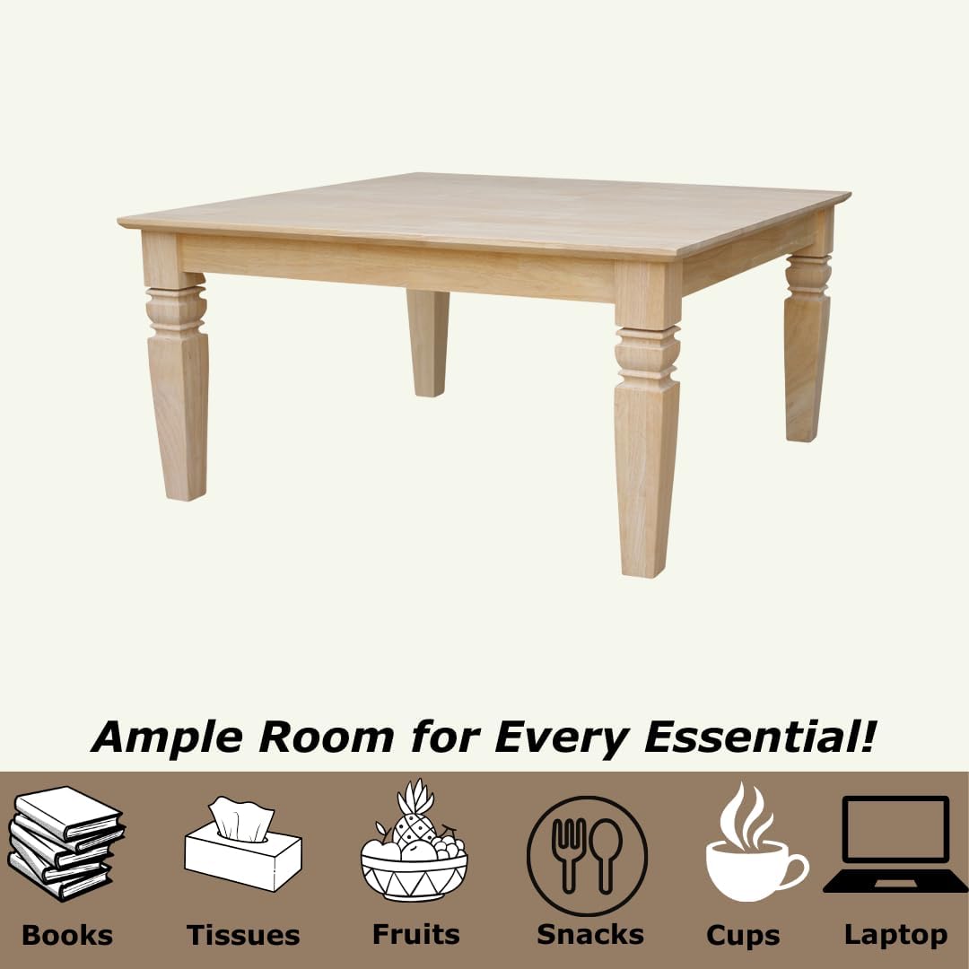 International Concepts, 18'H Java Square Coffee Table, Farmhouse, Living Room Furniture, Sturdy Solid Parawood, Paint or Stain in Any Color, Easy Assembly, Unfinished