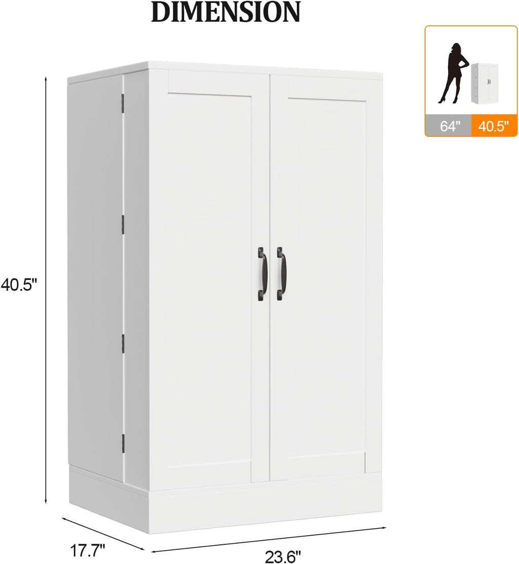 VINGLI 40 Inch White Pantry Cabinet with Doors, Small Kitchen Pantry Storage Cabinet Freestanding, Food Pantry Cabinet with Adjustable Shelves & Door Storage for Kitchen Dining Room Living Room