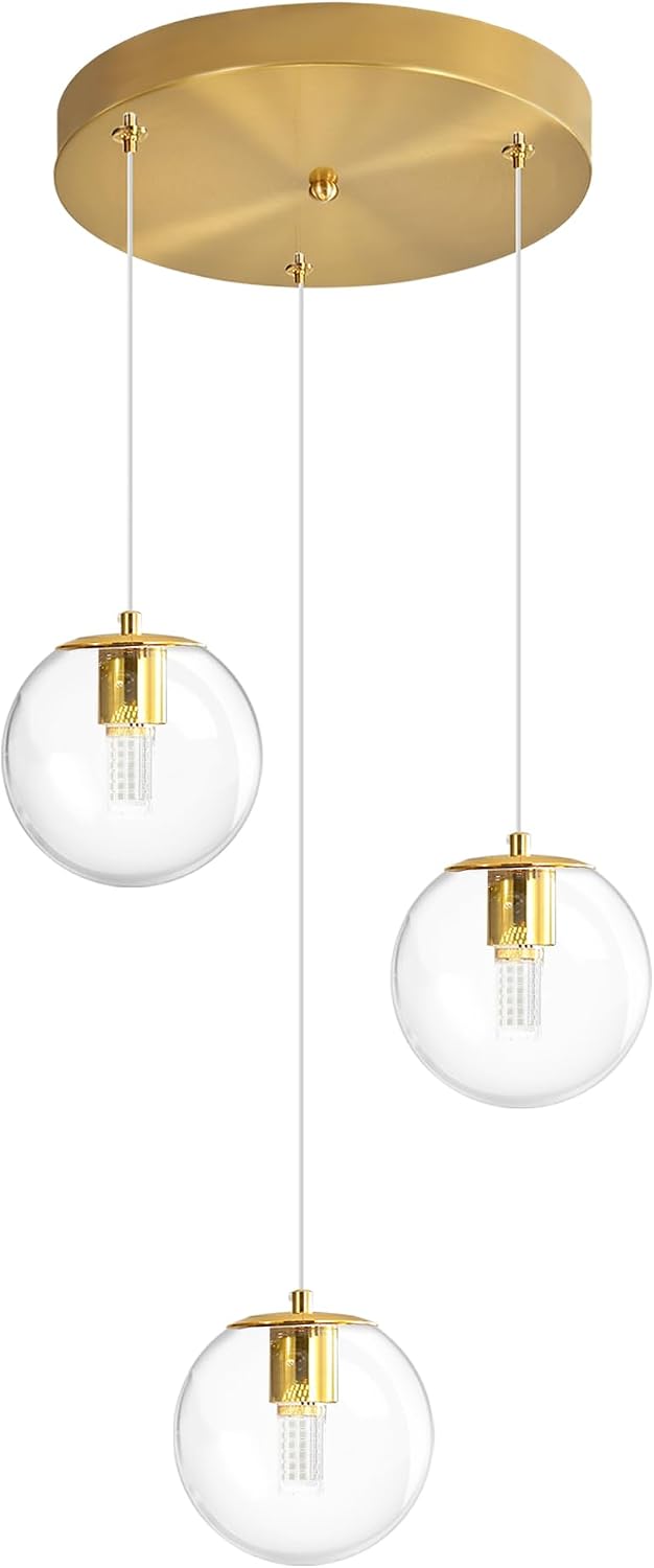 ykolupty 3-Light Modern Gold Pendant Light Hanging Fixture Light for Kitchen Island Mid Century Globe Pendant Light Glass Chandelier for Living Room Bedroom Entryway
