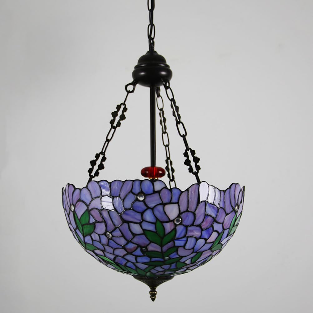 Blue Purple Stained Glass Lampshade Replacement, Tiffany Style Vintage Pastoral Green Leaves White Beads Shade for Table Lamp, Ceiling Pendant Light, Chandelier, Floor Lamp,Purple,16inch