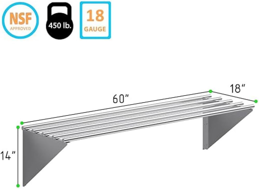 Premium Stainless Steel Tubular Wall Shelf – 60' L x 18' D | NSF Certified | Heavy-Duty Equipment & Appliance Shelf for Restaurant, Kitchen, Garage, Utility Room