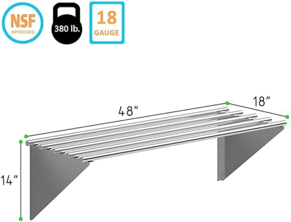 Premium Stainless Steel Tubular Wall Shelf – 48' L x 18' D | NSF Certified | Appliance & Equipment Shelf for Restaurant, Kitchen, Utility Room, Garage