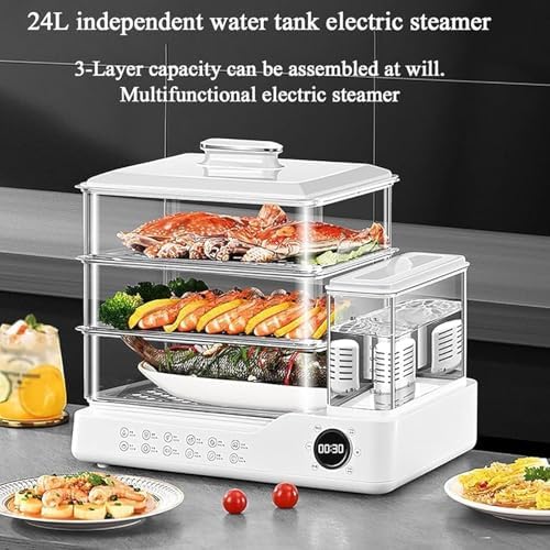 800W Electric Food Steamer - 24L Capacity 3-Tier Vegetable Steamer with Baskets, Touch Screen, Independent Water Tank, 12H Timer, White Kitchen Appliance