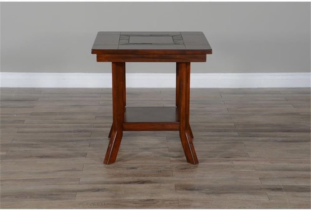 Pemberly Row Traditional Wood End Table, 25' Tall, Dark Chocolate Finish, Slate Inlay Top, Distressed Mahogany Solids and Veneers, 1 Shelf, Simple Assembly, Accent Table for Living Room or Bedroom Use