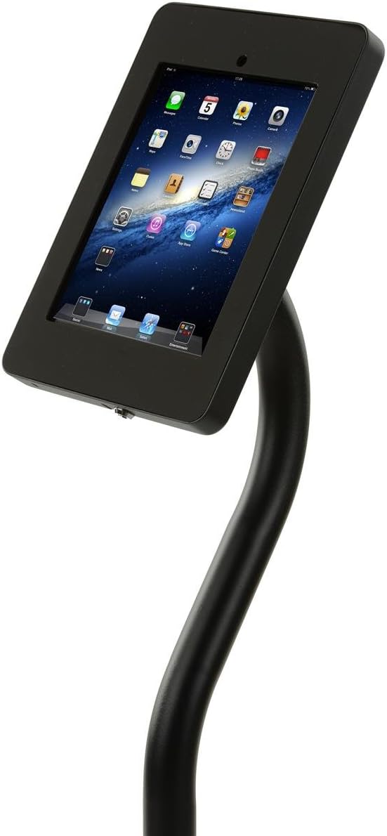 Displays2go Curved iPad Floor Stand, Rotating and Tilting Bracket, Exposed Home Button, Aluminum & Steel (Black)