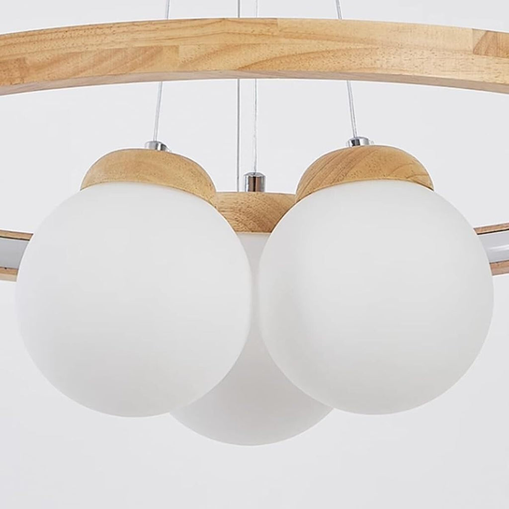Ceiling Light Bedroom Wood Ring+3/6 Lights Adjustable LED Ceiling Hanging Lamp White Globe Shade Chandelier Hanging Light Kitchen Island Hotel Pendant Lamp Fixture for Living Room