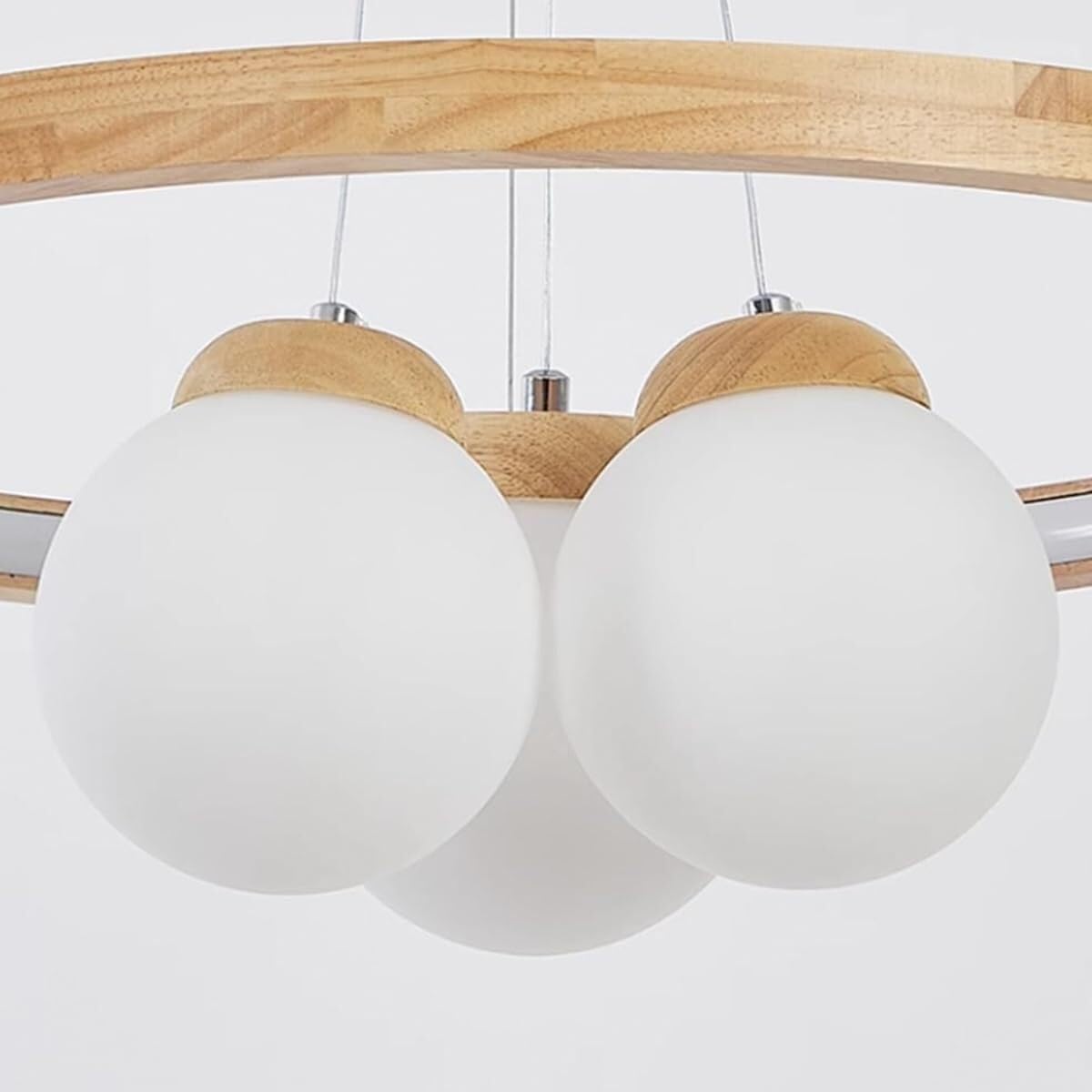 Ceiling Light Bedroom Wood Ring+3/6 Lights Adjustable LED Ceiling Hanging Lamp White Globe Shade Chandelier Hanging Light Kitchen Island Hotel Pendant Lamp Fixture for Living Room