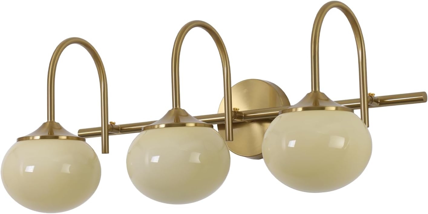 BOKT Modern 3-Light Bathroom Vanity Light Cream Yellow Glass Wall Sconces Vintage Vanity Lights Fixtures Over Mirror Gold Globe Bath Wall Sconce Bedroom Wall Mounted Sconces