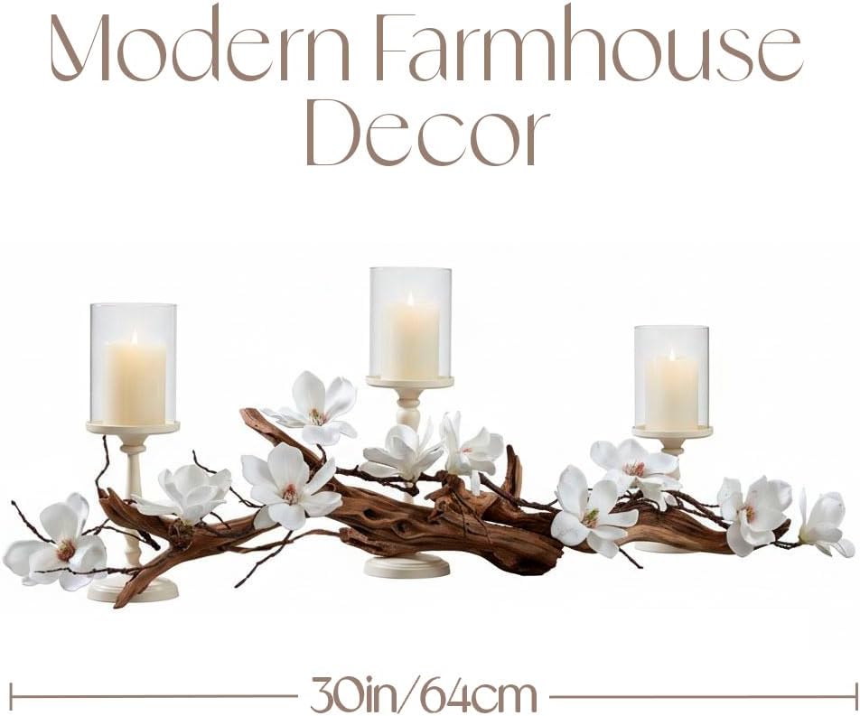 Magnolia Vine Driftwood FarmhouseTable Centerpiece - 3pc Candle Holder Set - Floral Table Decor for Dining Room, Living Room, Mantle & Weddings (Ivory)