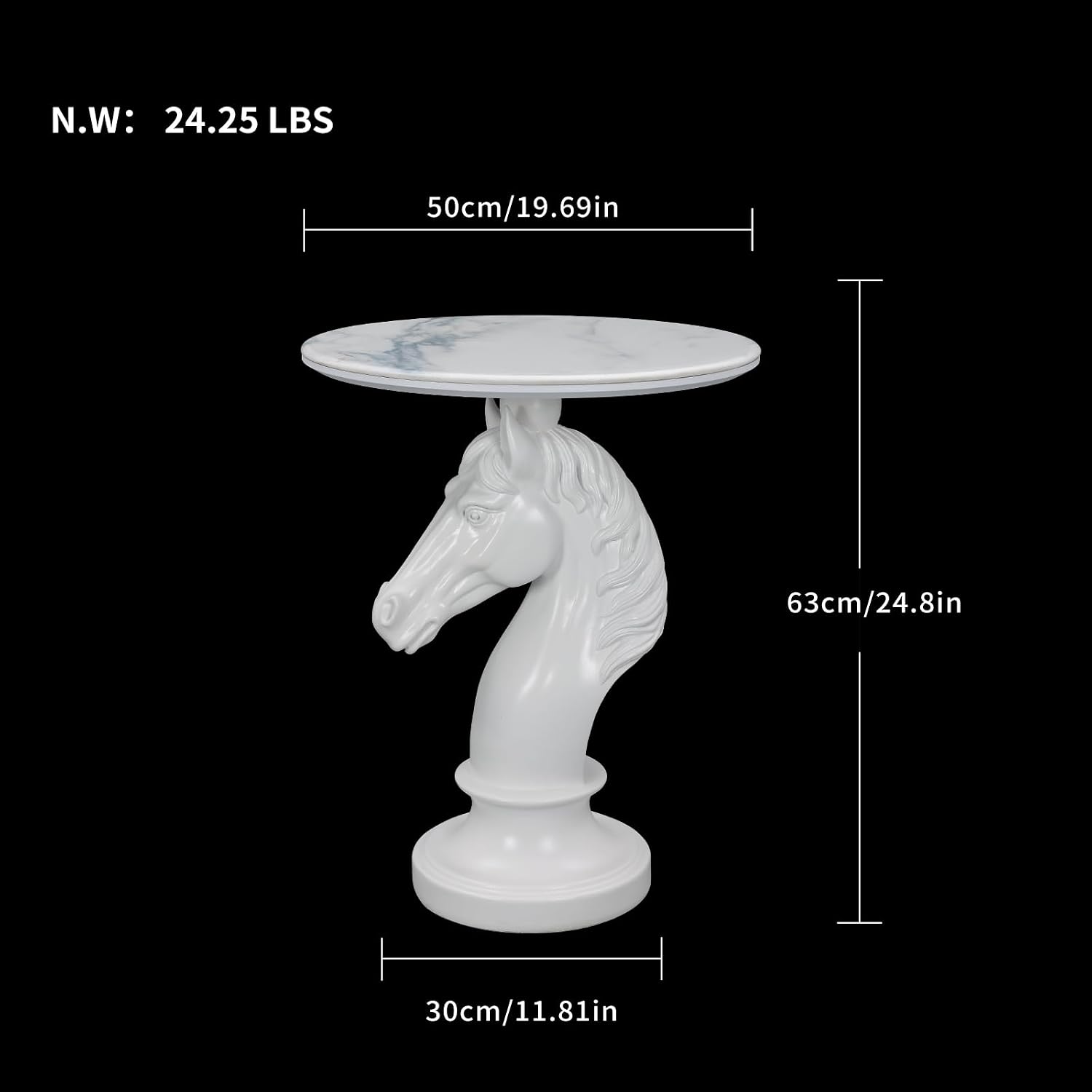 Sculptural Horse Head Side Table, Artistic Stallion End Table with Faux Marble Top, Modern Accent Table for Living Room, Unique Home Decor Gift for Housewarming, 19.69' W x 24.8' H