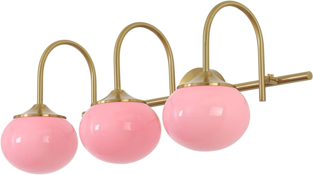 BOKT Gold Bathroom Light Fixture Pink Glass Ball Shades 3-Lights Vintage Vanity Lights Over Mirror E26 Base Modern Wall Sconces Bathroom Wall Lamp for Hallway Bedroom