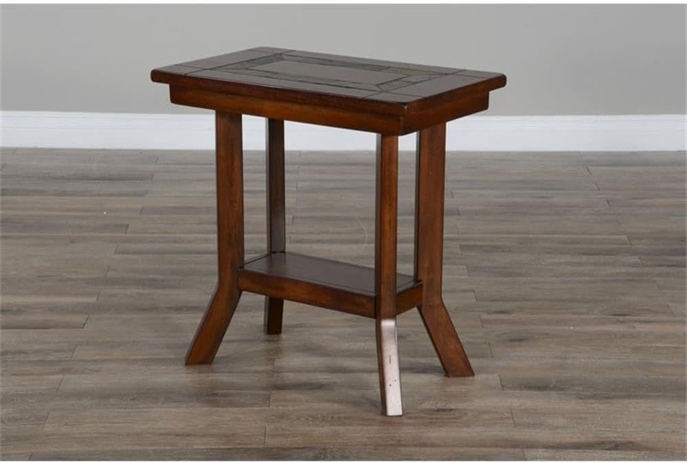 Pemberly Row Chair Side Table, 25 in Height, Distressed Mahogany Wood, Dark Chocolate Finish, Slate Inlay, 1 Shelf, Traditional End Table for Living Room or Bedroom