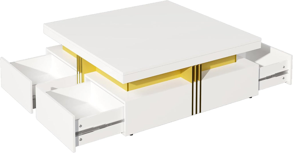 Merax 43.3' Modern Glossy Square Storage Coffee Table with 4 Drawers, Gold Accents, Functional Center Tables for Living Room Apartment, Glossy White