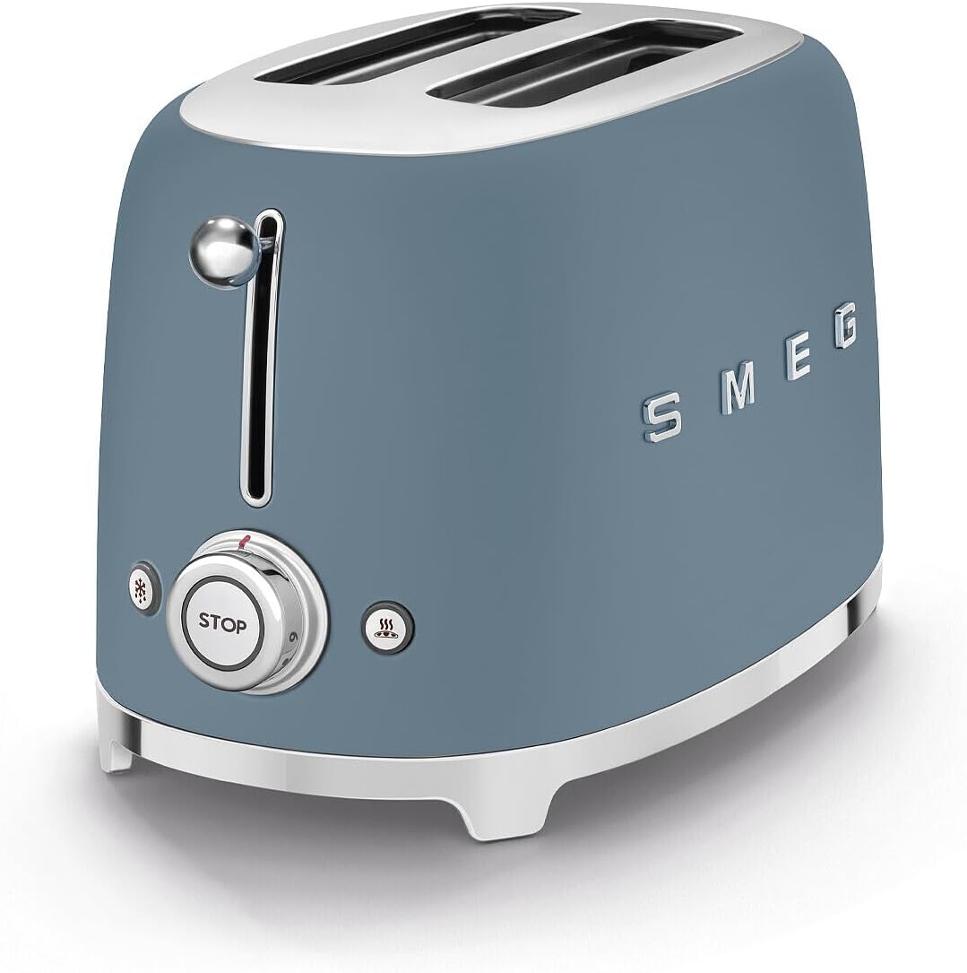 Smeg 50's Retro Style 2-Slice Toaster, 6 Browning Levels, Toast 1 Side, Reheat or Defrost, Removable Stainless Steel Crumb Tray, Matte Storm Blue, TSF01SBMUS