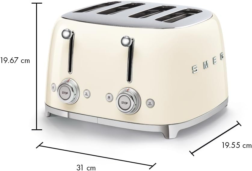 SMEG 4 Slice Toaster TSF03, Retro Stainless-Steel Toaster with Wide Slots for Bagels, 6 Browning Levels, Defrost Reheat Bagel Functions, Dual Controls, Crumb Trays, 1800W - TSF03CRUS - Cream