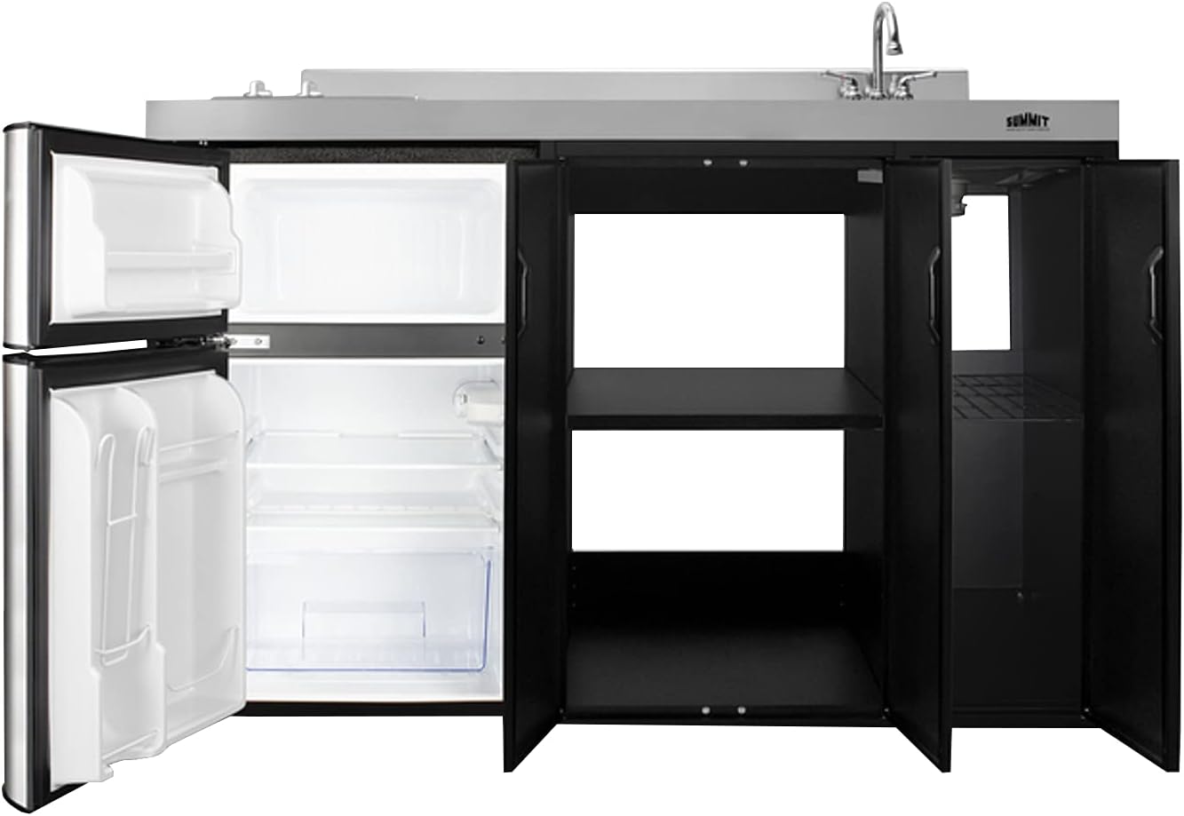 Summit Appliance CK54SINKR 54' Wide All-In-One Kitchenette, Stainless Steel Sink and Faucet, 2-door Refrigerator-freezer, 2-burner Smooth-top Cooktop, Indicator Lights, Storage Compartments
