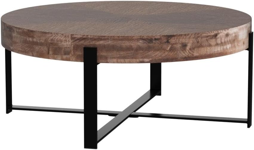 Wood Round Coffee Table, 31 Inch Farmhouse Rustic Fir Wooden Table Top Cross Metal Legs Circle Coffee Table for Living Room, Black