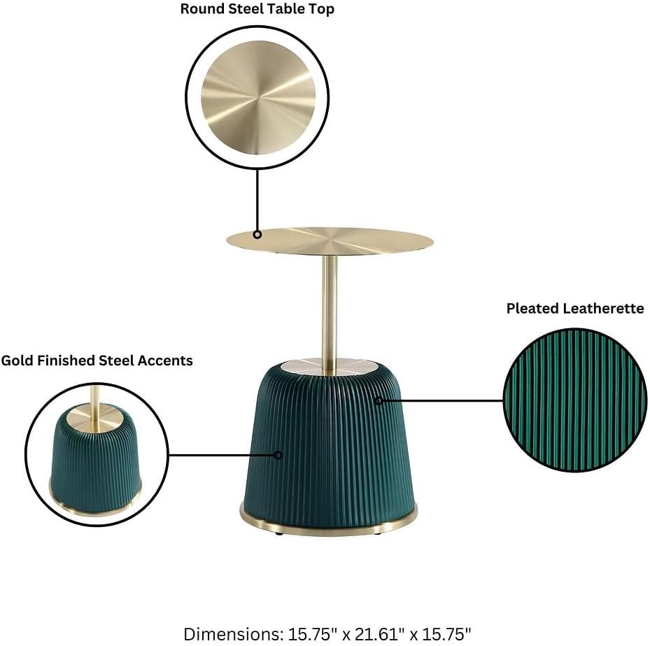 Manhattan Comfort Anderson Modern 15.75' Round End Tables 1.0 - Elegant Leatherette Upholstered Base with Pleated Design & Gold Steel Tabletop, Fully Assembled Accent Furniture, Set of 1, Green