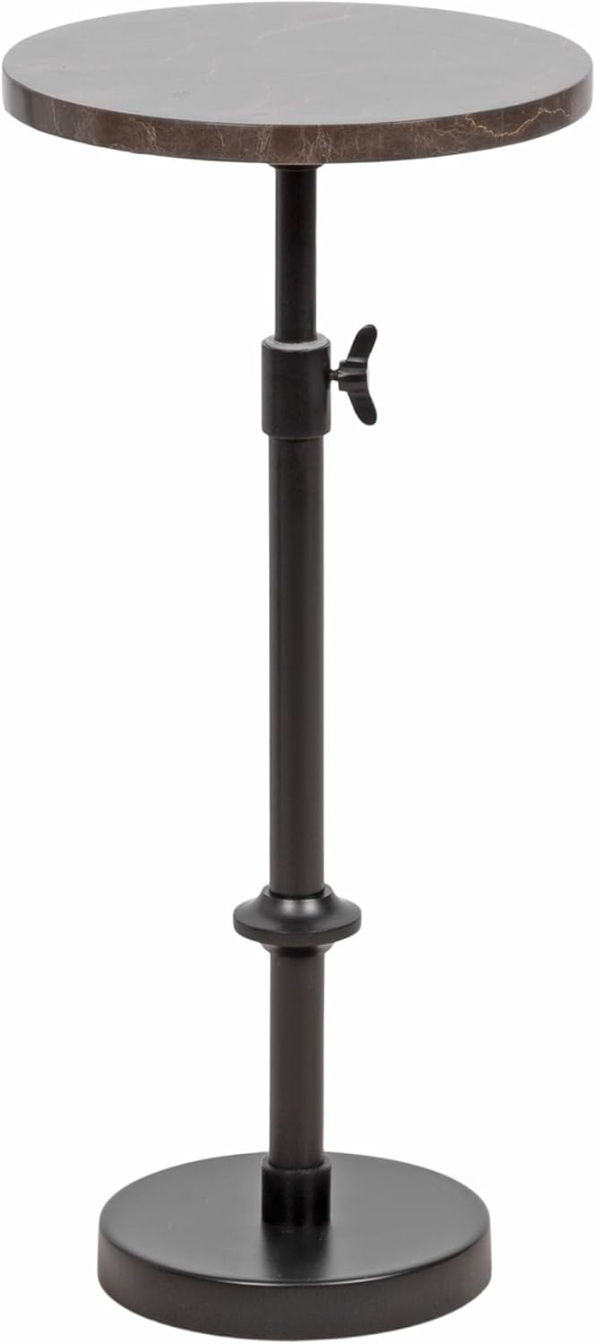 Kate and Laurel Engles Traditional Adjustable-Height Pedestal Drink Table, 10 x 10 x 30, Dark Emperador Marble and Black, Round Metal Mini Table for Indoor Plant Stand with Authentic Stone Tabletop