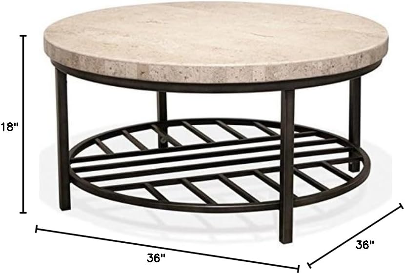 BOWERY HILL Contemporary Round Stone Top Coffee Table in Alabaster Travertine for Living Room, 36' D x 36' W x 18' H