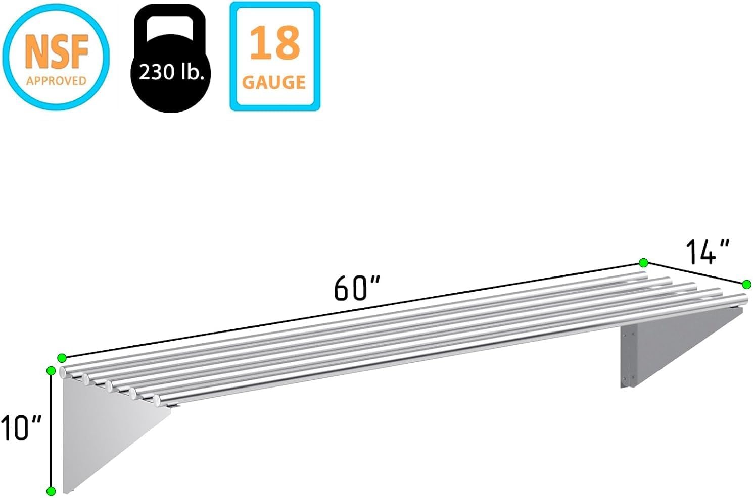 Premium Stainless Steel Tubular Wall Shelf – 14' D x 60' L | NSF Certified | Commercial Equipment & Appliance Shelf for Kitchen, Garage, Utility Room