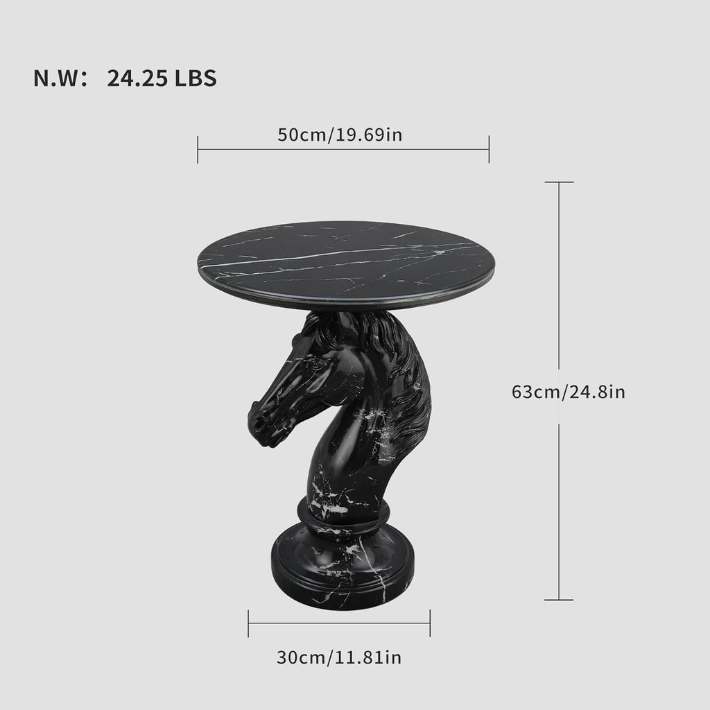 Modern End Table Living Room Horse Statue Black Contemporary‌ Faux Marble Night Stand Side Table with Horse Head Base Reception Area & Bedroom（Width 19.69' ——Tall 24.5'）