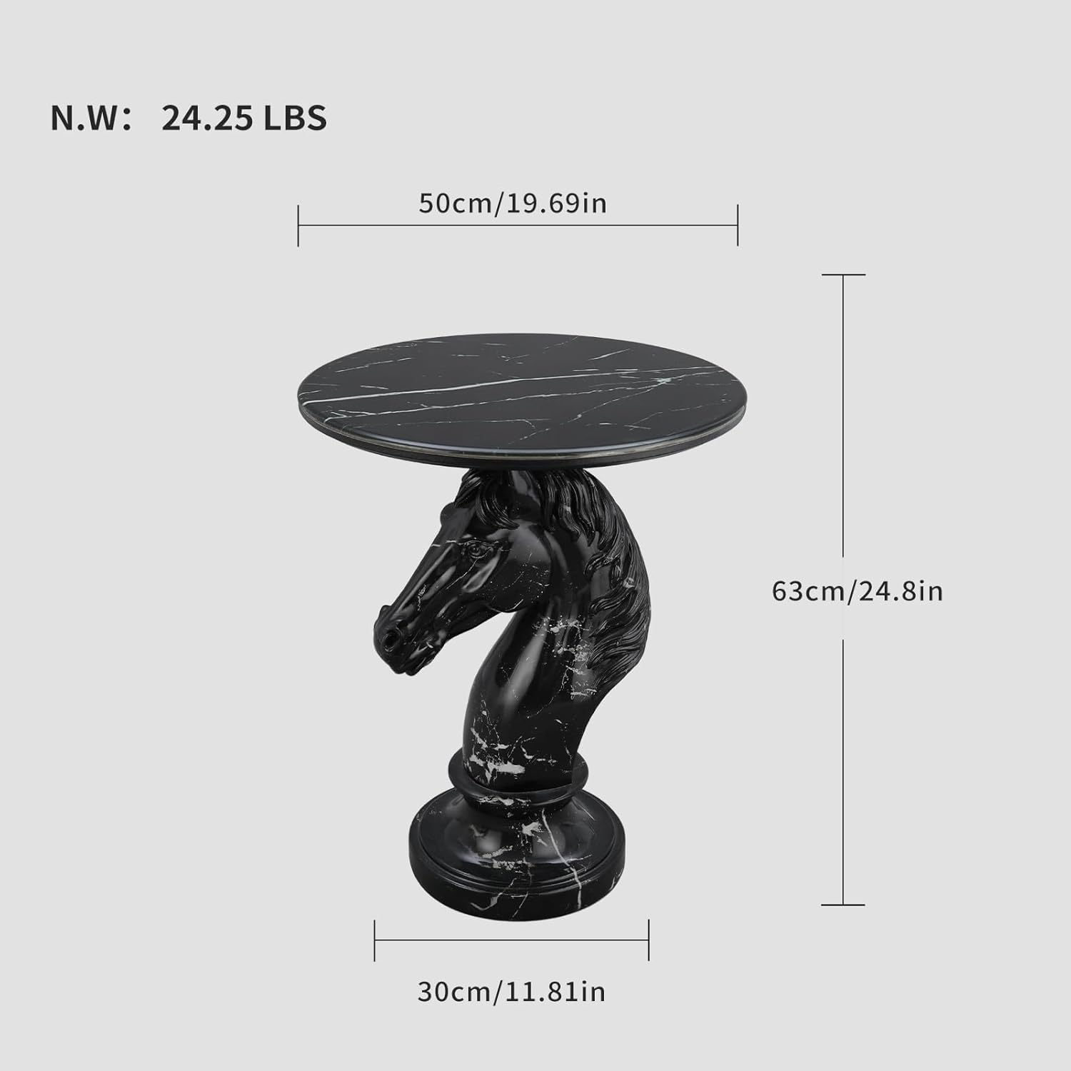 Modern End Table Living Room Horse Statue Black Contemporary‌ Faux Marble Night Stand Side Table with Horse Head Base Reception Area & Bedroom（Width 19.69' ——Tall 24.5'）