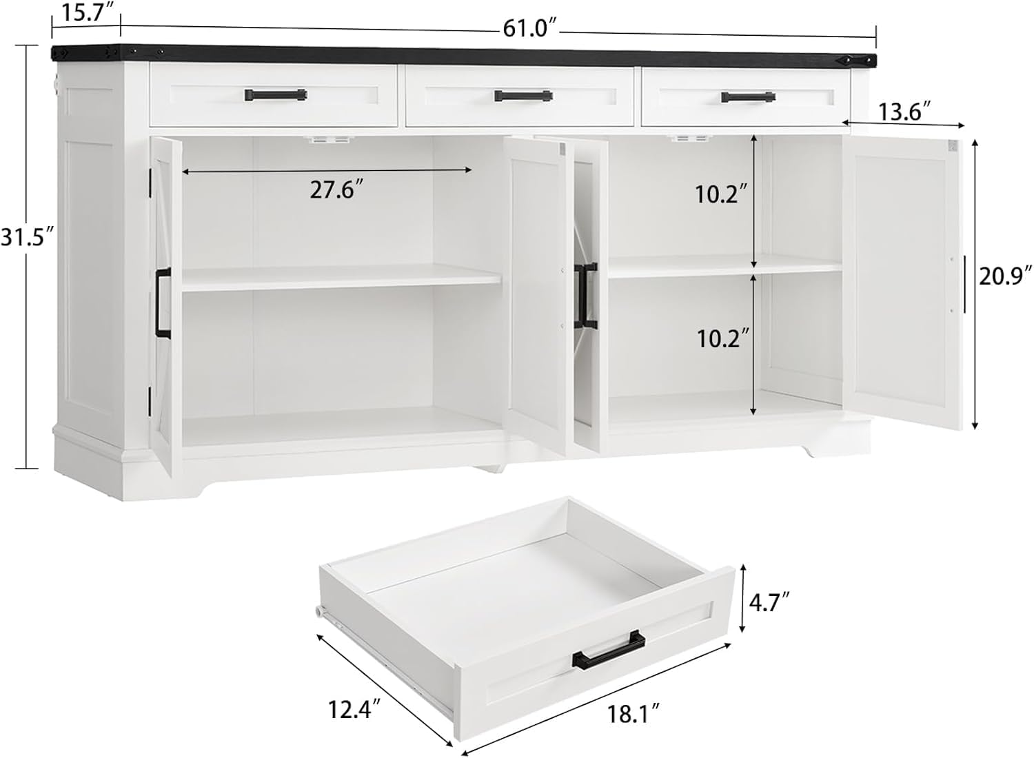 TEENFON 61' Farmhouse Buffet Cabinet with 2 Adjustable Shelves, Sideboard with 3 Drawers & 4 Doors, Rustic Storage Cabinet for Kitchen, Entryway, Coffee Bar, White