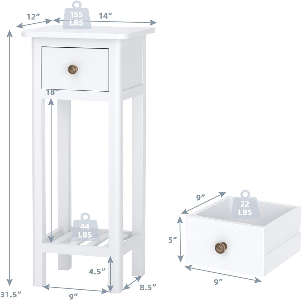 Giantex Tall End Table Set of 2, Narrow Side Table with Drawer and Shelf, Acacia Wood Nightstand for Living Room, 2-Tier Bedside Table for Small Space, No Assembly, White