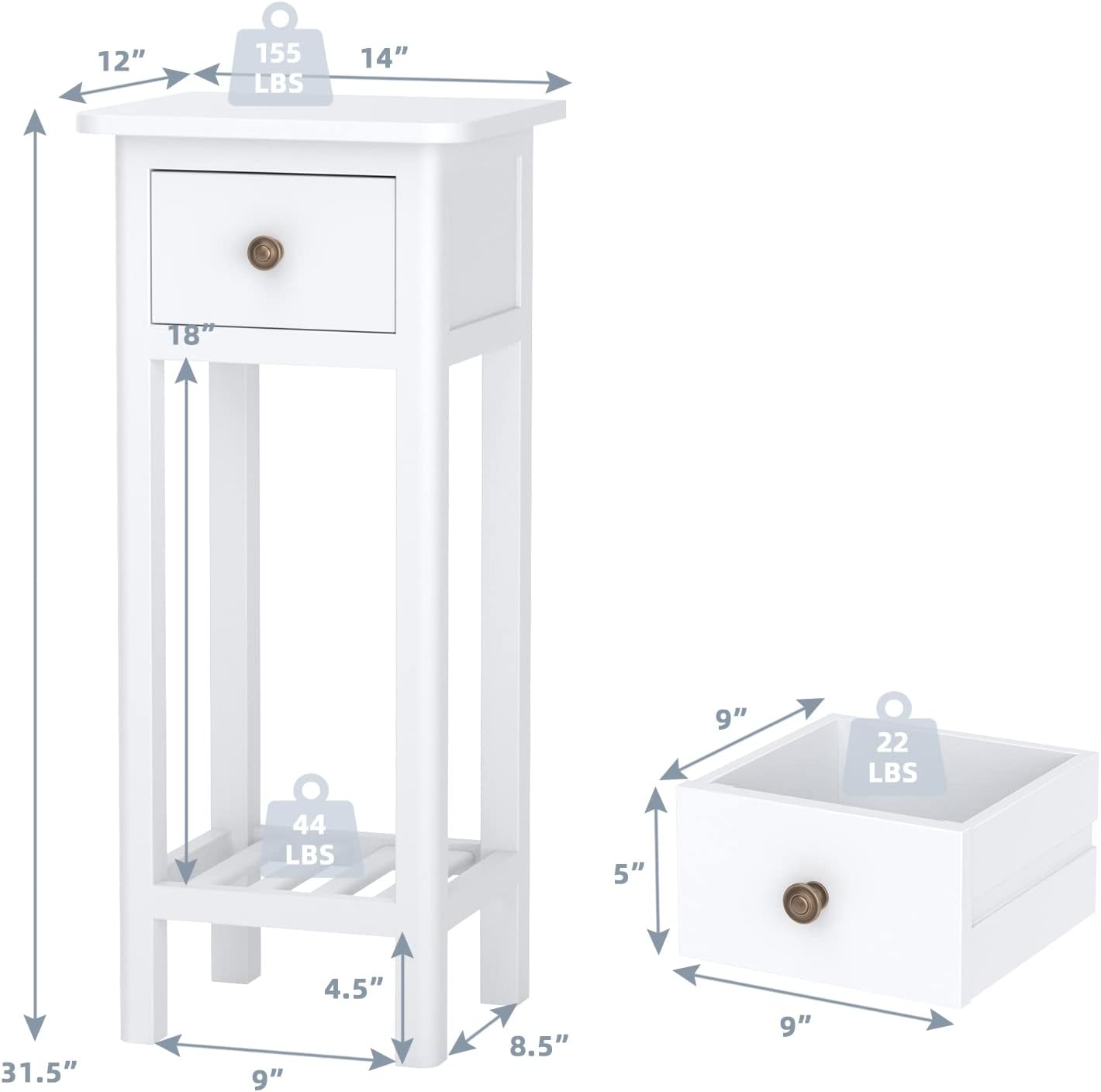 Giantex Tall End Table Set of 2, Narrow Side Table with Drawer and Shelf, Acacia Wood Nightstand for Living Room, 2-Tier Bedside Table for Small Space, No Assembly, White