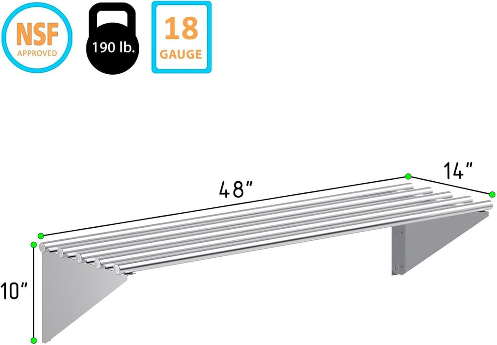 Premium Stainless Steel Tubular Wall Shelf – 14' D x 48' L | NSF Certified | Equipment & Appliance Wall Shelf for Kitchen, Restaurant, Utility Room