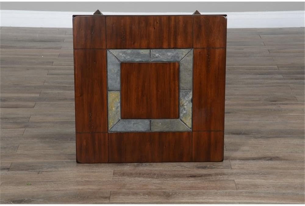 Pemberly Row Traditional Wood End Table, 25' Tall, Dark Chocolate Finish, Slate Inlay Top, Distressed Mahogany Solids and Veneers, 1 Shelf, Simple Assembly, Accent Table for Living Room or Bedroom Use