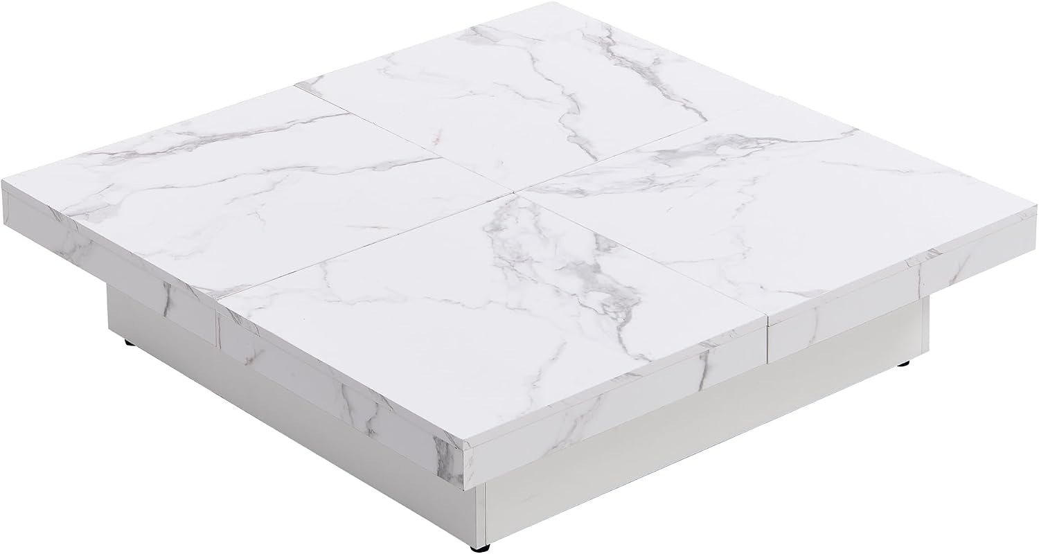 Merax Coffee Table, Modern Extendable Coffee Table with 4 Hidden Storage Compartments, UV High-Gloss Square Center Cocktail Table with Sliding Tabletop for Living Room, 39.4'x 39.4' (White)