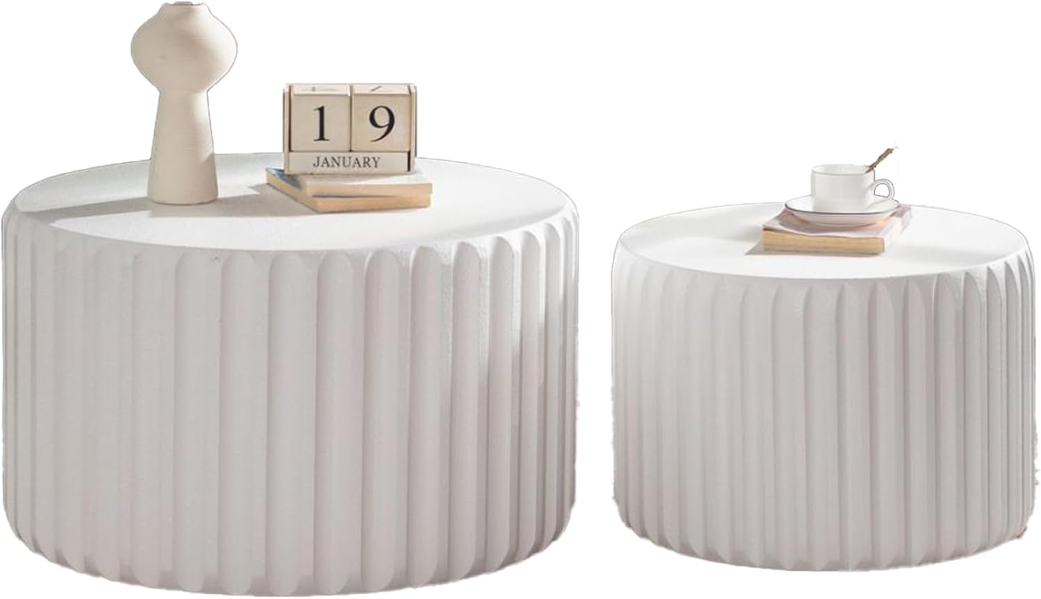 WILLIAMSPACE 46.46' Round Nesting Coffee Table Set of 2, Modern Circle Drum Center Tables Curved-Edge Shape Tea Table for Living Room, No Assembly (White)