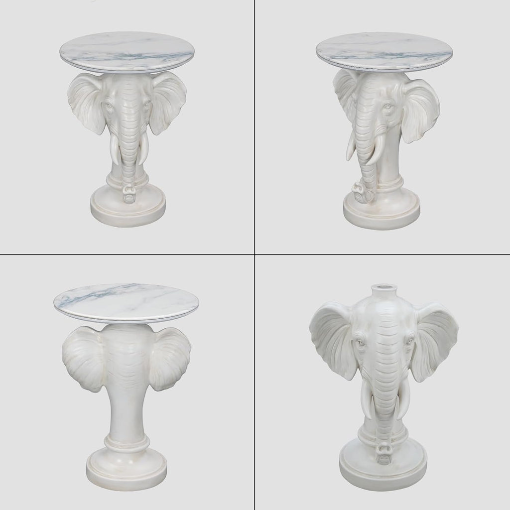 Modern Accent Table with Elephant Ornament Base, Minimalist Faux Marble End Table for Living Room Reception Area & Bedroom, 19.69 Inches Wide × 25.98 Inches High