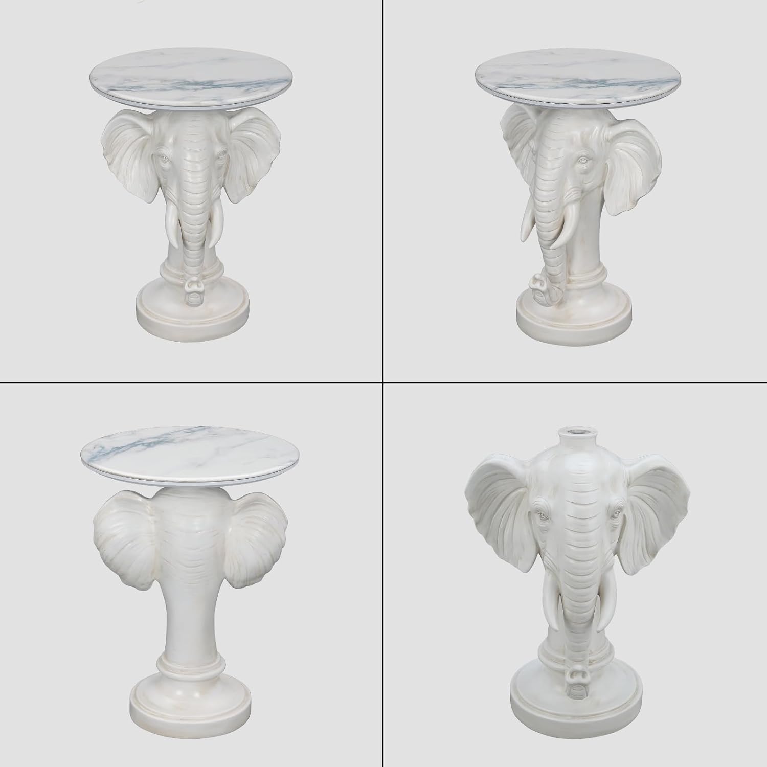 Modern Accent Table with Elephant Ornament Base, Minimalist Faux Marble End Table for Living Room Reception Area & Bedroom, 19.69 Inches Wide × 25.98 Inches High