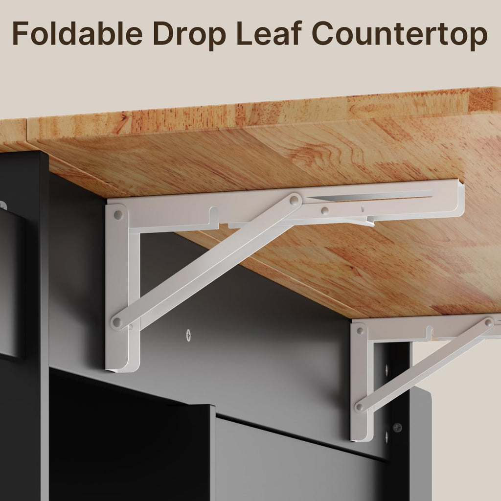 Gizoon Kitchen Island with Storage, Kitchen Island with Drop Leaf, 41.7''W Rolling Dining Cart, Foldable Countertop, 5 Wheels, Refrigerator Door, Adjustable Shelves, Spice/Towel Rack, Black