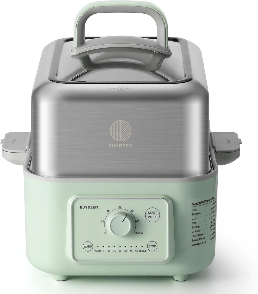 BUYDEEM G52 5.3 Quart Electric Food Steamer for 1-3 Servings, Vegetable Steamer for Cooking, 2-hour Keep Warm, 7 Preset Timings, Dual Boil-Dry Protection, Stainless Steel, Cozy Greenish