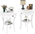 Giantex Round End Table with Drawer, 2-Tier Wood Side Table w/Open Shelf, Small Sofa Side Table for Small Space, Multipurpose Accent Table for Bedroom Living Room Home (2, White)
