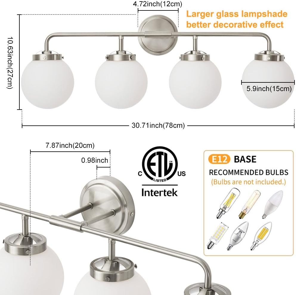 Bathroom Light Fixtures Over Mirror, Brushed Nickel Modern Vanity Lighting with Milk White Glass Globe Shades 4-Light Farmhouse Wall Sconce